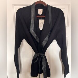 Sioni Black Cardigan with Leather Accents